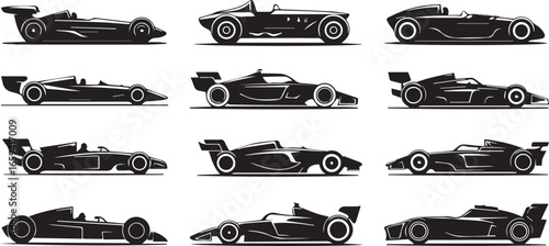 set of 12 vintage and modern race car vector icons in black silhouette style for automotive and motorsport themes