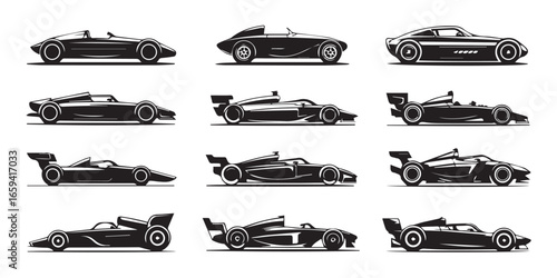 black and white race car vector illustrations featuring sleek aerodynamic designs for motorsport and engineering use