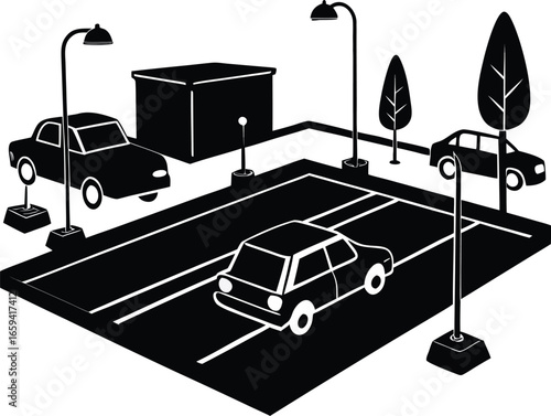 Isometric view of a parking lot with cars trucks and a bus 