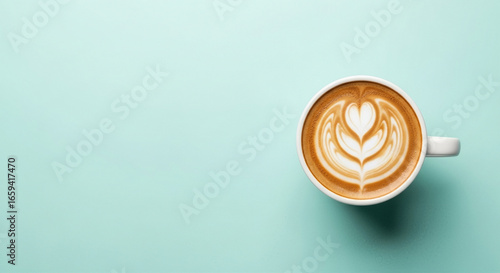 Captivating top-down view of a classic white coffee cup showcasing exquisite heart latte art, set against a serene light blue background, ideal for a relaxing pause.