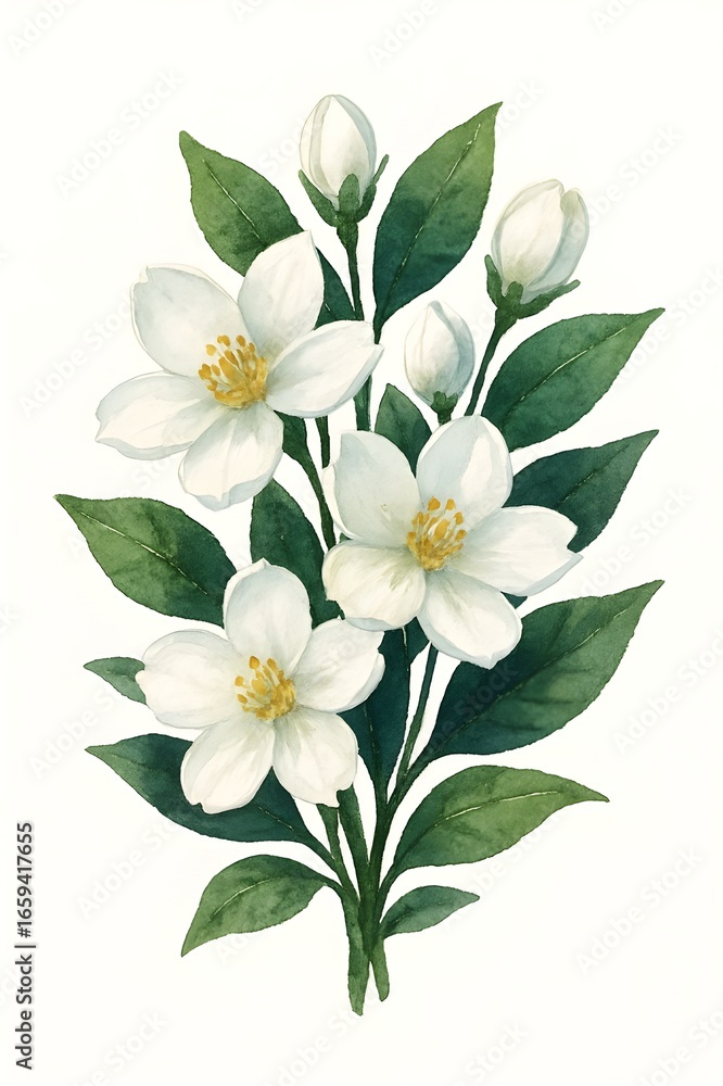 Obraz premium Watercolor illustration of jasmine flowers with green leaves and white blossoms. Elegant botanical artwork of fragrant jasmine, perfect for wedding invitations, greeting cards, textile design, 