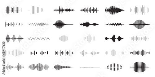 grid of 25 audio waveforms vector set illustrating diverse signal patterns for sound engineering music production and acoustic design