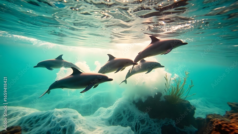 Fototapeta premium A pod of dolphins swimming gracefully under the sea with sunlight filtering through the water surface
