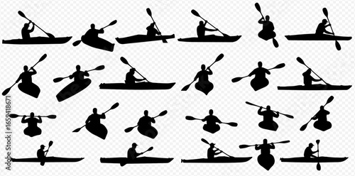 Collection of silhouettes depicting individuals kayaking in various positions, using paddles to navigate.