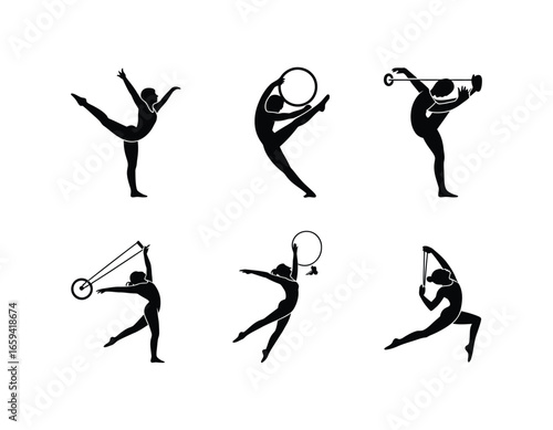 Silhouettes of Rhythmic Gymnasts Performing with Hoops and Ribbons in Graceful Artistic Movements for Sport and Dance Concepts
