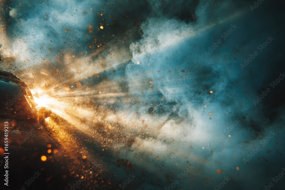 Fototapeta premium Dramatic, fiery explosion, radiant light through smoke