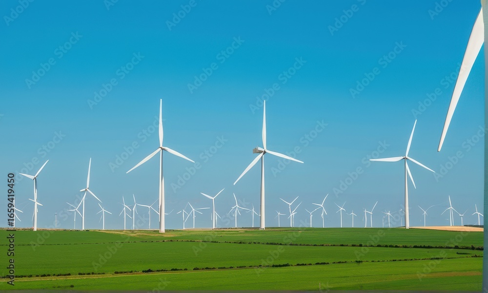 Fototapeta premium Expansive Green Field with Numerous White Wind Turbines Under a Clear Blue Sky