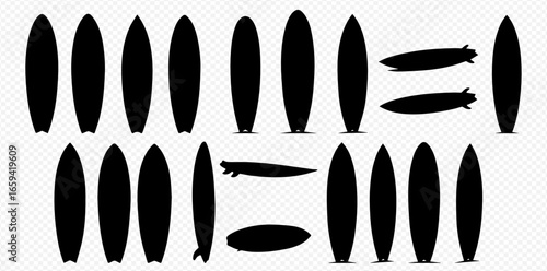 A diverse set of black surfboard silhouettes, showcasing different designs, shapes, and views on a transparent background.