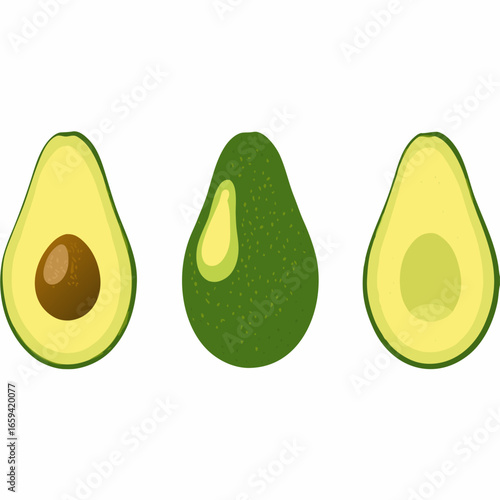 Three whole and halved avocados in different stages of being cut open