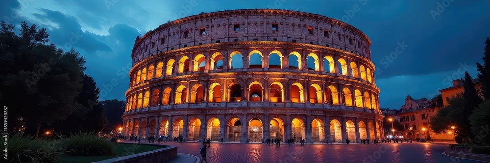Naklejka premium A majestic colosseum-like structure, illuminated at night, draws the eye towards its imposing architecture Perfect for concepts of grandeur, romance, or entertainment venues , arena, arches