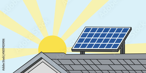 Vector art of solar panel on a roof with the sun shining in the background illustration, solar, panel, electricity, power