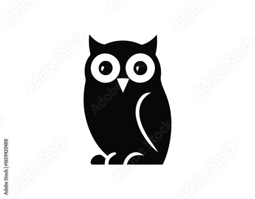 Stylized black owl illustration on white background a minimalist and modern graphic design perfect for logos icons and artistic projects featuring birds and nocturnal animals