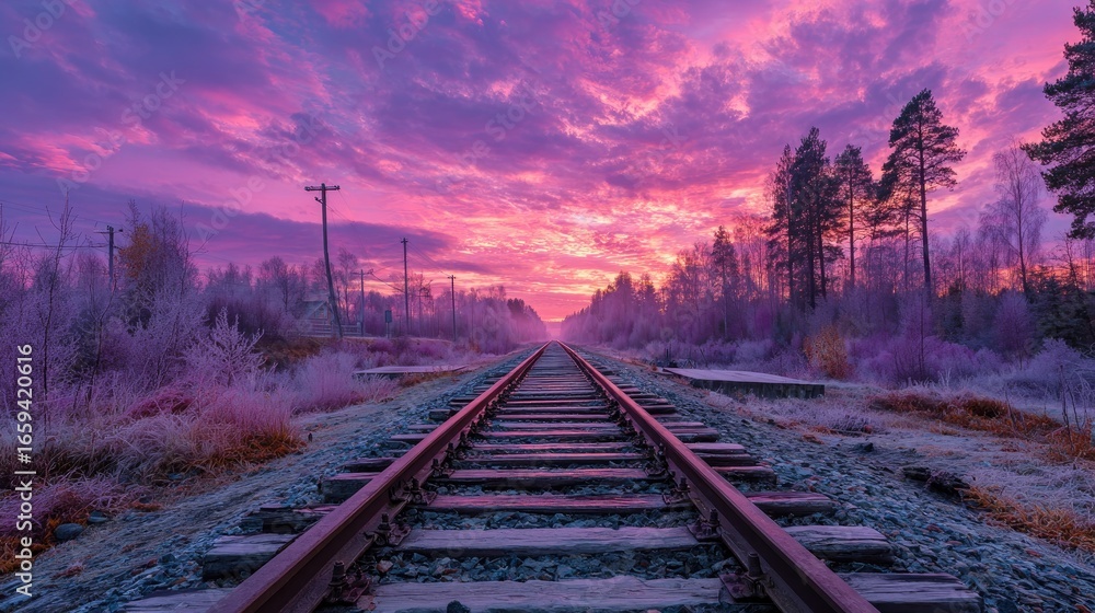 Fototapeta premium Frozen railway tracks at sunrise, vibrant colors