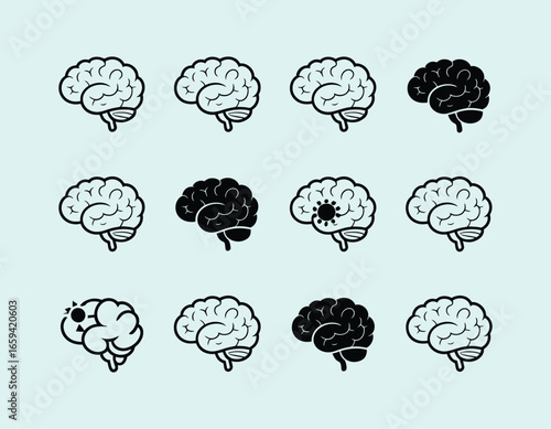 Stylized Brain Icons Illustrating Health Brain Diseases Neurological Conditions and Mental Health Awareness Vector Illustration Concept Design