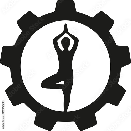 Silhouette of Yoga Pose Inside Gear Symbolizes Mental and Physical Balance in a Technical Environment