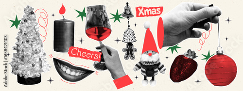 Halftone New Year and Christmas collage set with vintage cutout elements. Christmas tree, candle, lips, hand with glss of champagne, toy, elf, strawberry in trendy retro pop art style