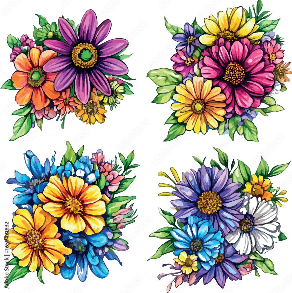 Fototapeta premium Vibrant watercolor floral arrangements featuring daisies and other colorful blooms on white background