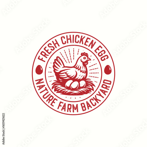 farm logo with hen and fresh eggs illustration template