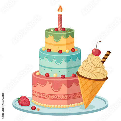 colorful birthday cake with candles and ice cream scope. isolated on white background PNG