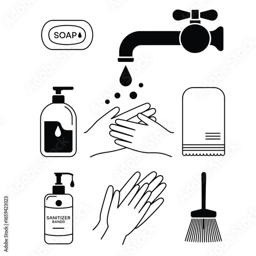 Handwashing Essentials Pack black and white vector with soap bar, liquid soap, sanitizer, towel, hand dryer, nail brush, clean hands