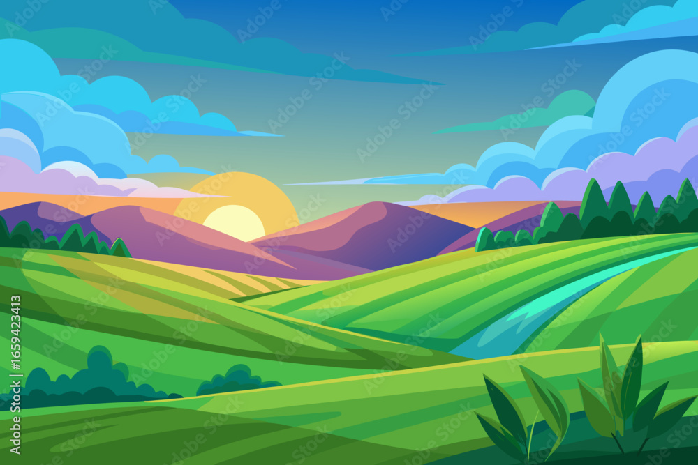 Fototapeta premium a colorful cartoon landscape with rolling hills and mountains at sunset time