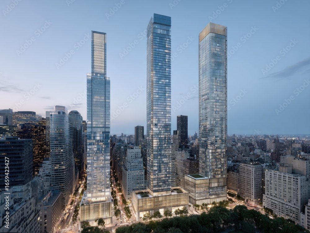 Fototapeta premium Three modern skyscrapers in a city skyline at dusk