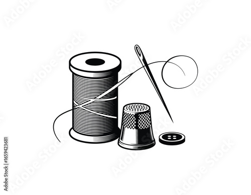 Vintage Sewing Kit Icon Thread Needle Thimble and Button for Crafts and Tailoring Projects Simple Black and White Illustration