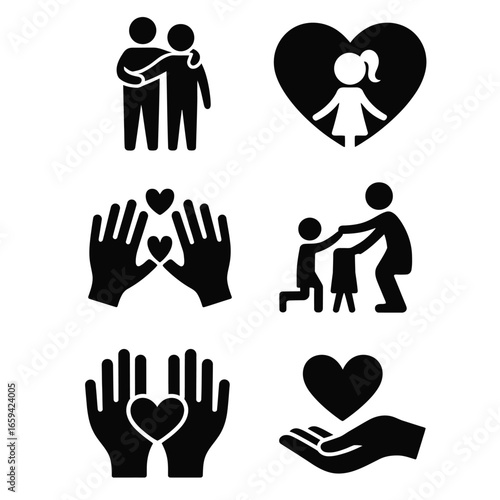 Support and care icons featuring family hug, community hands, heart with girl silhouette, teacher helping student, love symbols