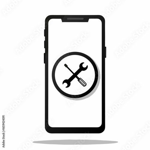 Smartphone with wrench and screwdriver icon on screen for repair or maintenance service
