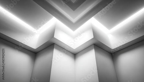Abstract architectural interior  white  geometric ceiling and wall design  illuminated beams