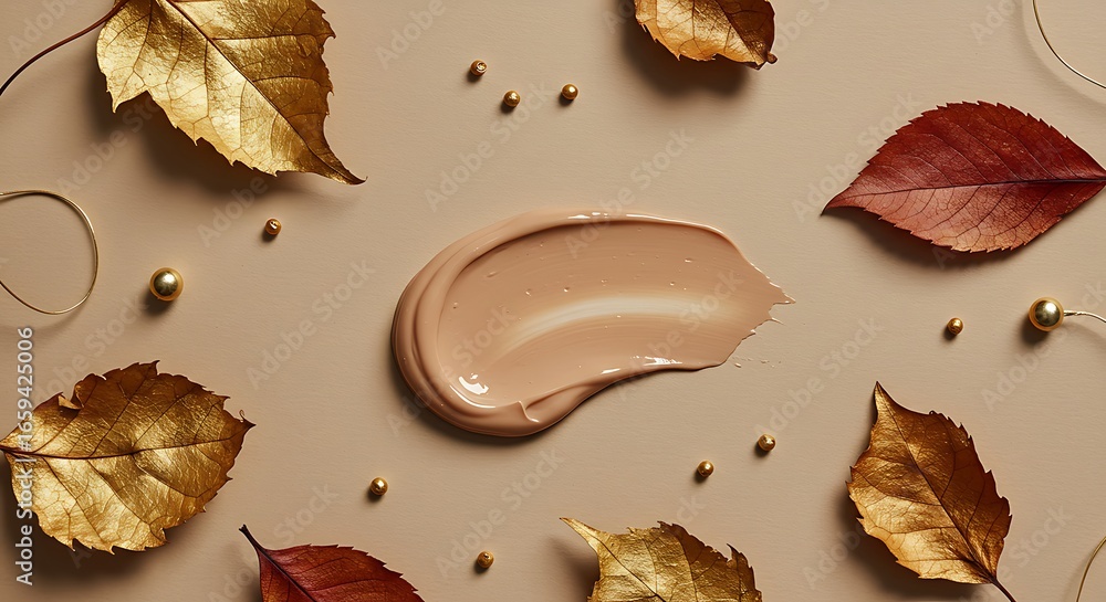 Naklejka premium Autumn-Themed Skincare Cream with Leaves and Decorative Gold Accents