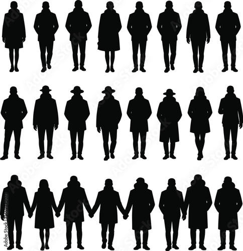 Silhouettes of diverse people standing, walking, holding hands, wearing coats and hats, urban fashion, winter clothing, social connection, stock illustration.