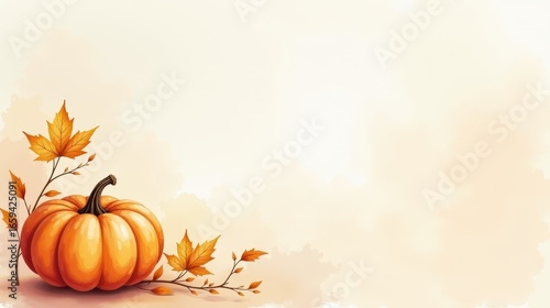Elegant minimalist wallpaper with delicate golden line-art leaves and subtle watercolor shading in warm beige and champagne tones. Simple abstract pumpkin silhouette in the corner