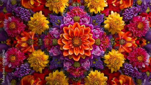 Kaleidoscopic floral mandala: symmetrical pattern of bright petals — decorative floral motif for backgrounds and design.