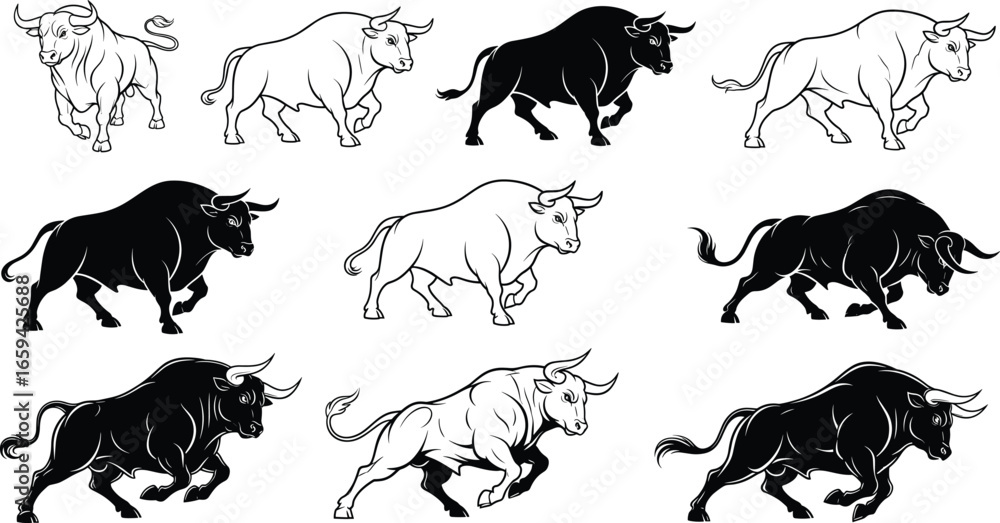 Naklejka premium Set of 12 bull silhouette icons in black and white featuring dynamic poses for design use
