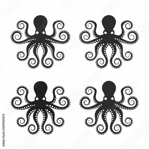 a set of four black octopuses with curled tentacles on white background