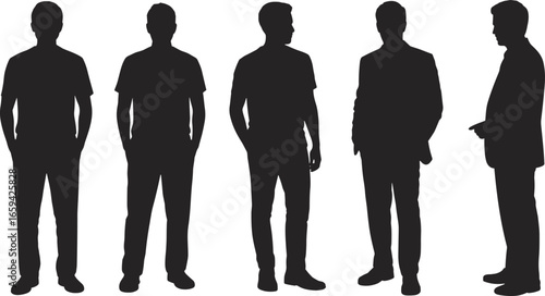 Silhouettes of five men posing in stylish stances, perfect for business, fashion, lifestyle, leadership, teamwork, branding, and identity visuals.