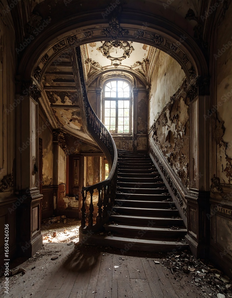 Fototapeta premium Decaying Spiral Staircase in Abandoned Mansion