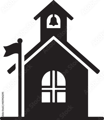School Building Icon with Bell and Flag