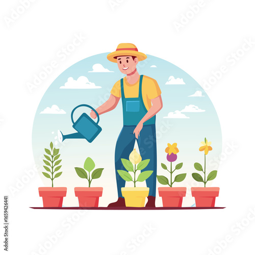 Gardener Watering Potted Flowers Outdoors Man in Overalls Watering Plants with Watering Can Farmer Taking Care of Potted Plants in the Garden