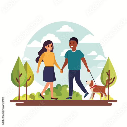 Couple walking dog in park flat vector Romantic outdoor stroll with pet dog cartoon Happy couple holding hands with dog in nature Man and woman walking dog in green park Young couple enjoying walk wit