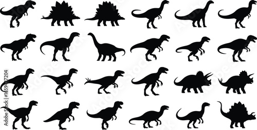 Set of 20 dinosaur silhouettes including herbivores and carnivores for prehistoric, educational, and design projects