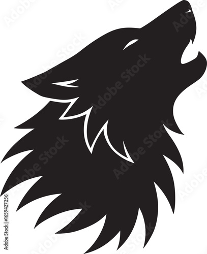 Black silhouette of a howling wolf head Wild animal vector design Symbol of freedom strength and nature Tribal art style Minimalist logo illustration