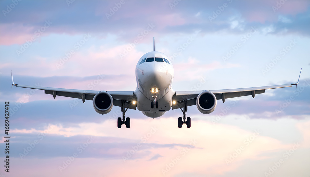 Obraz premium Airplane Landing Sunset Cloudscape.