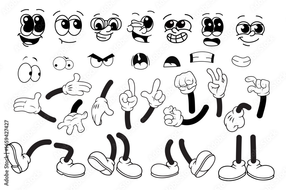 Fototapeta premium Set of cartoon groovy comic vector. Collection of retro cartoon character faces in different emotions, hand, glove, glasses, mouth, shoes, eyes. 