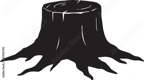 Black silhouette of a tree stump with exposed roots on a white background