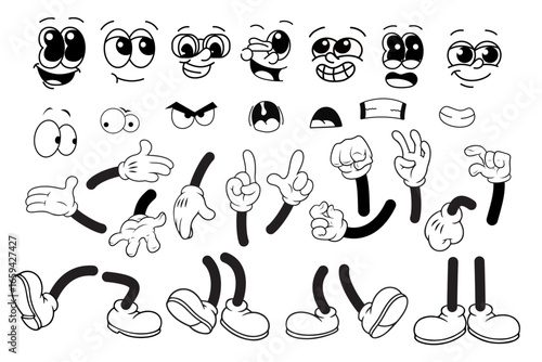 Set of cartoon groovy comic vector. Collection of retro cartoon character faces in different emotions, hand, glove, glasses, mouth, shoes, eyes. 