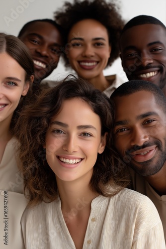 Group of smiling young adults of diverse backgrounds posing together