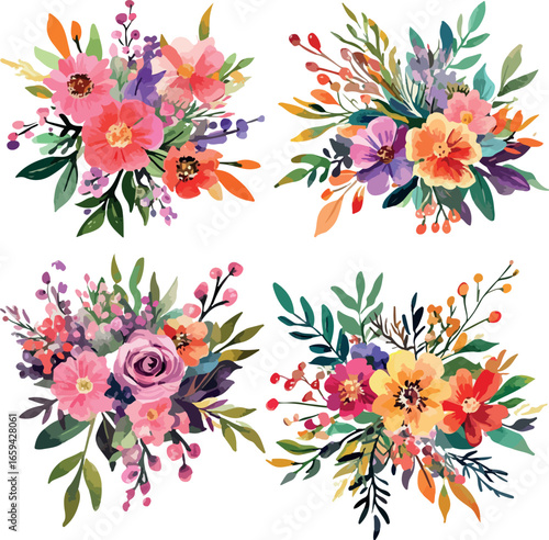 Four vibrant watercolor floral arrangements featuring pink orange purple yellow and green hues