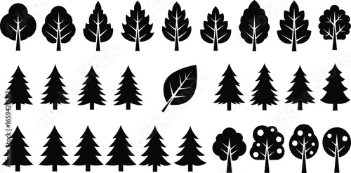 Set of diverse tree and leaf silhouettes for nature, seasonal, landscaping, and educational design projects
